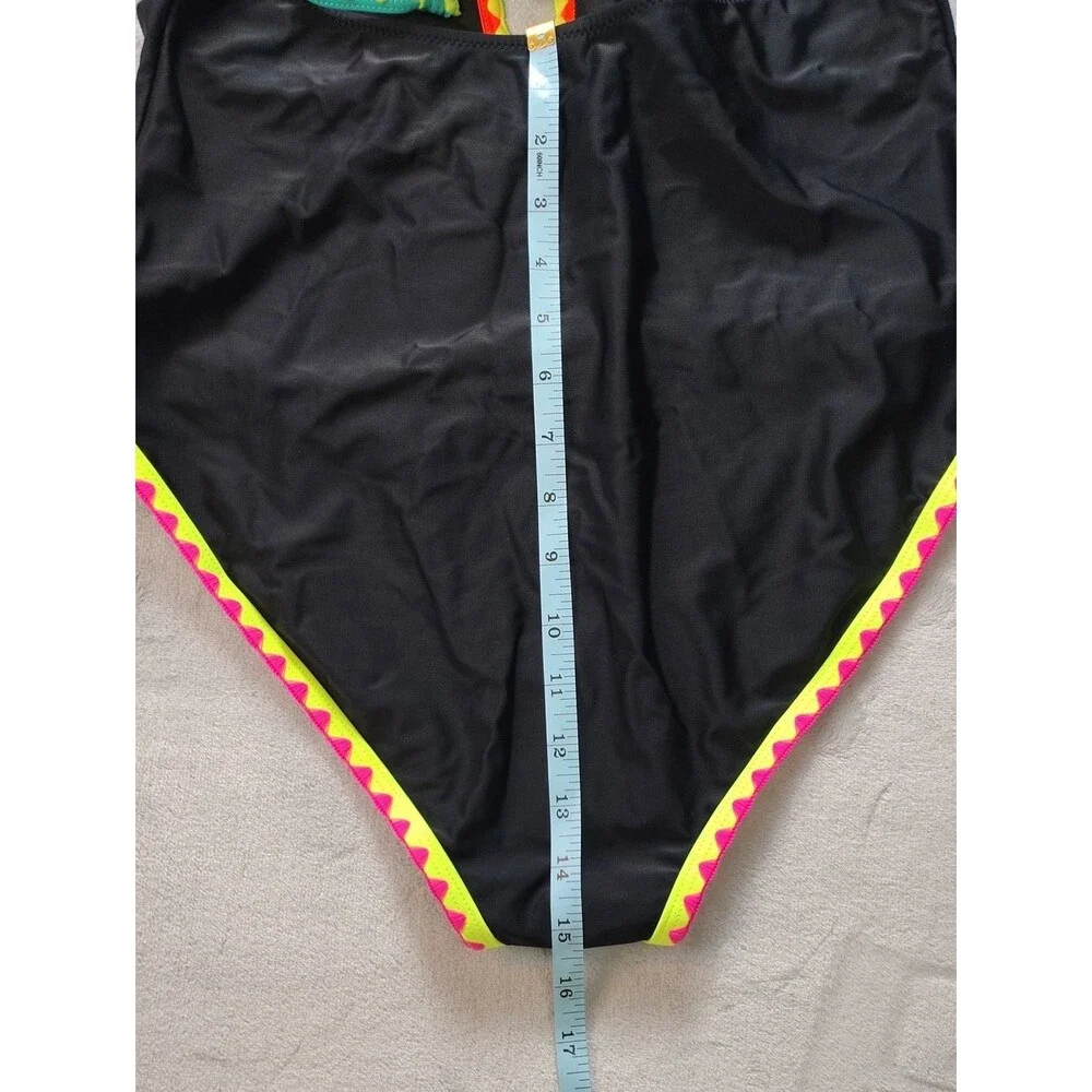 Popvil Black One Piece Tie Back Swimsuit with Multicolored Neon Trim Size XL New